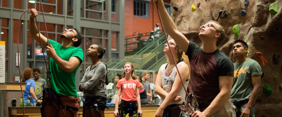 Students stand at the bottom of the Cary Street Gym climbing wall. They are looking up, holding belay ropes.