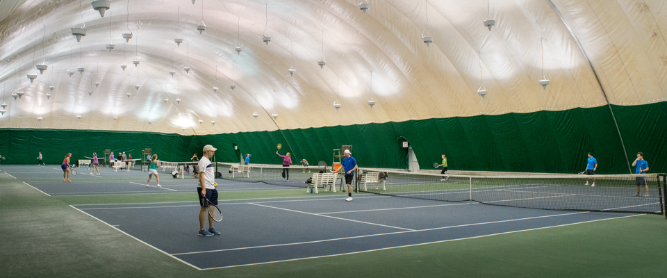 The interior of the Thalhimer Tennis Center with the bubble up
