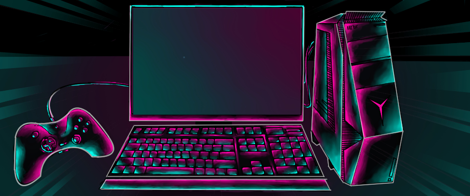 a graphic showing a laptop, and electronic gaming equipment in neon colors and a dark background